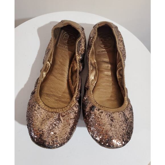 Tory Burch Eddie Glitter Slip On Ballet Flats Womens Size 8.5 Bronze Sparkle - Picture 1 of 12